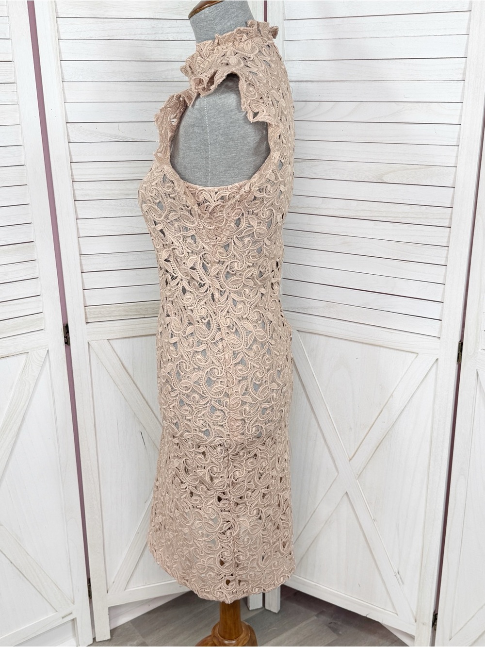 Zara Sheer Lace Ruffle Trim Sheath Dress Nude Tan Large Resort Coquette - Picture 2 of 12